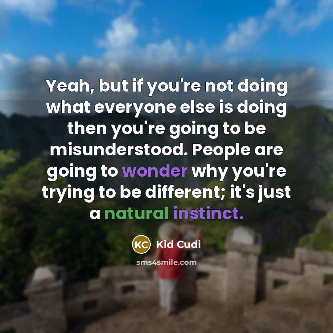 “Yeah, but if you're not doing what everyone else is doing then you're going to be misunderstood. People are going to wonder why you're trying to be different; it's just a natural instinct.” quote by Kid Cudi
