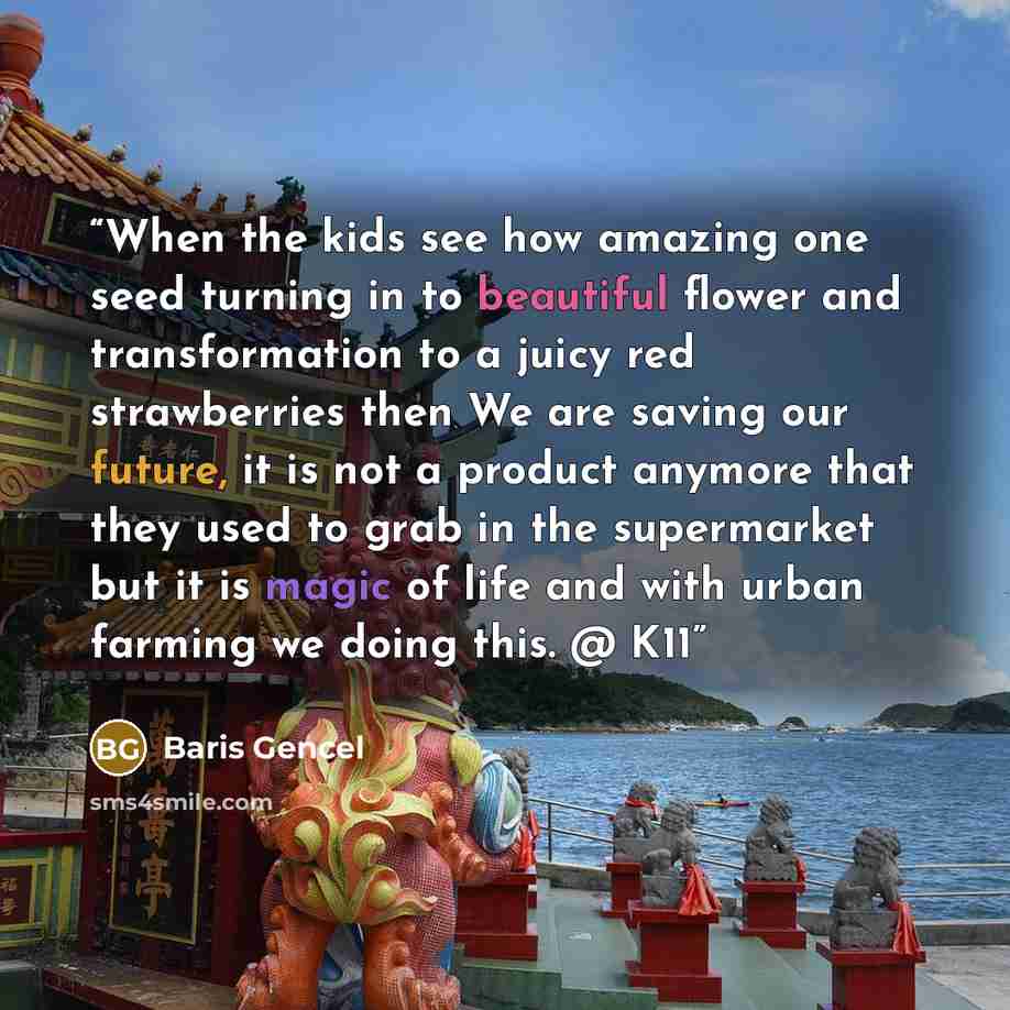 “When the kids see how amazing one seed turning in to beautiful flower and transformation to a juicy red strawberries then We are saving our future, it is not a product anymore that they used to grab in the supermarket but it is magic of life and with urban farming we doing this. @ K11” quote by Baris Gencel
