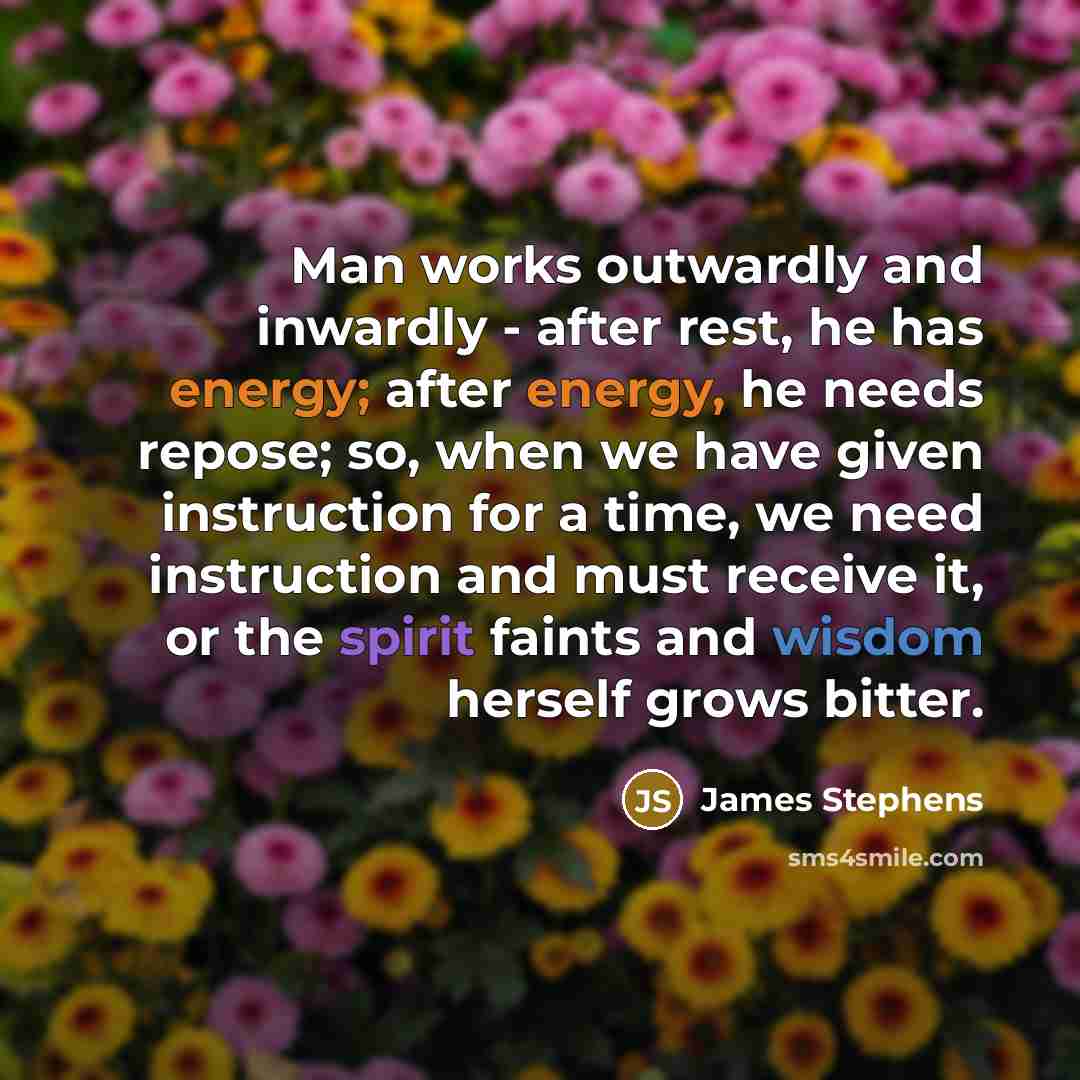“Man works outwardly and inwardly - after rest, he has energy; after energy, he needs repose; so, when we have given instruction for a time, we need instruction and must receive it, or the spirit faints and wisdom herself grows bitter.” quote by James Stephens