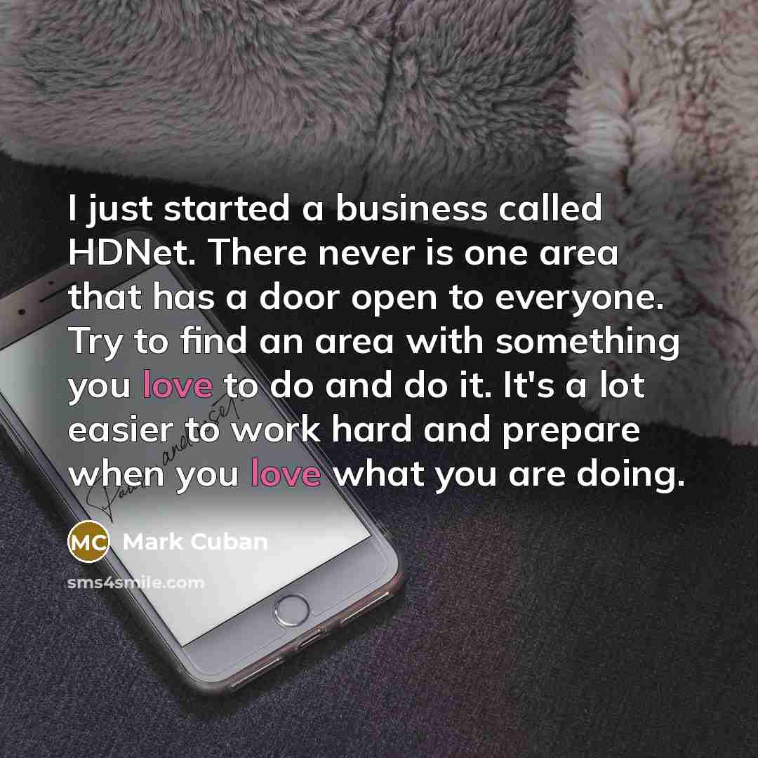 “I just started a business called HDNet. There never is one area that has a door open to everyone. Try to find an area with something you love to do and do it. It's a lot easier to work hard and prepare when you love what you are doing.” quote by Mark Cuban