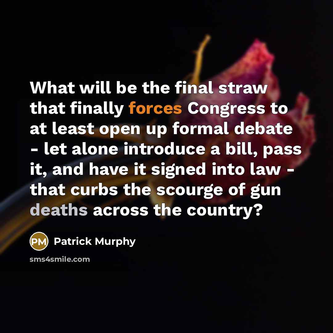“What will be the final straw that finally forces Congress to at least open up formal debate - let alone introduce a bill, pass it, and have it signed into law - that curbs the scourge of gun deaths across the country?” quote by Patrick Murphy