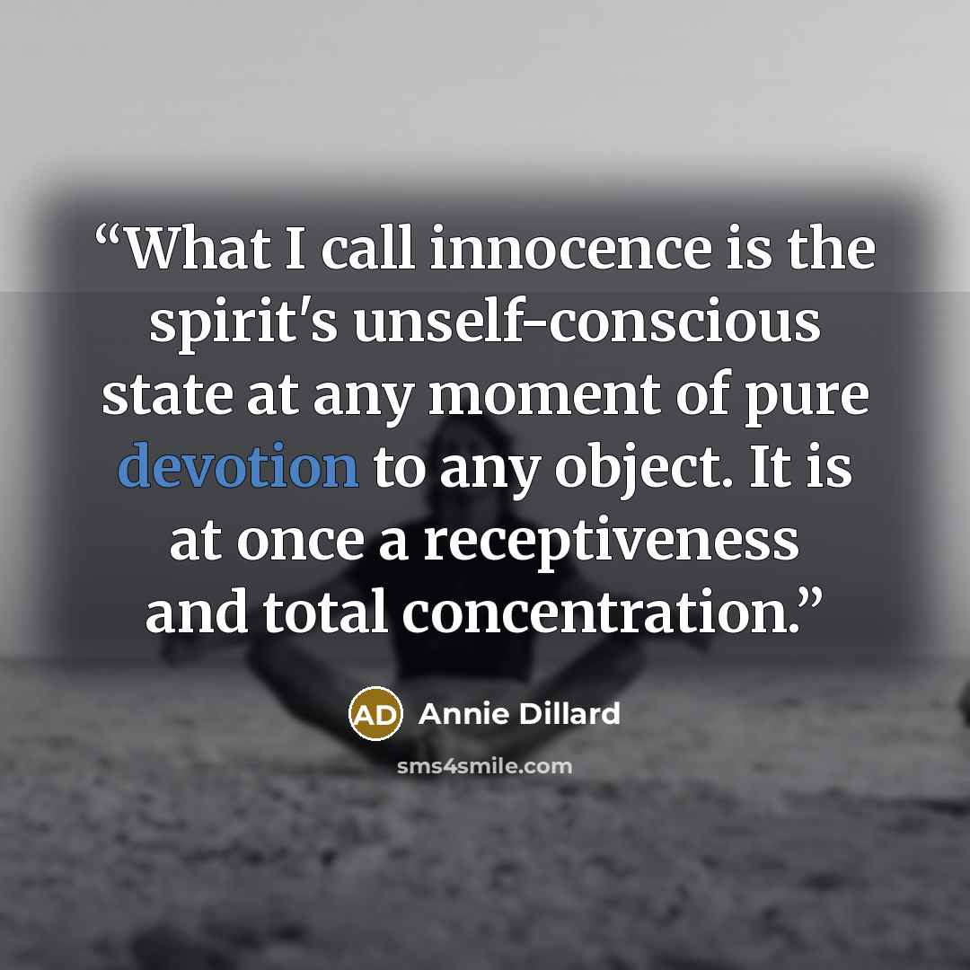 “What I call innocence is the spirit's unself-conscious state at any moment of pure devotion to any object. It is at once a receptiveness and total concentration.” quote by Annie Dillard