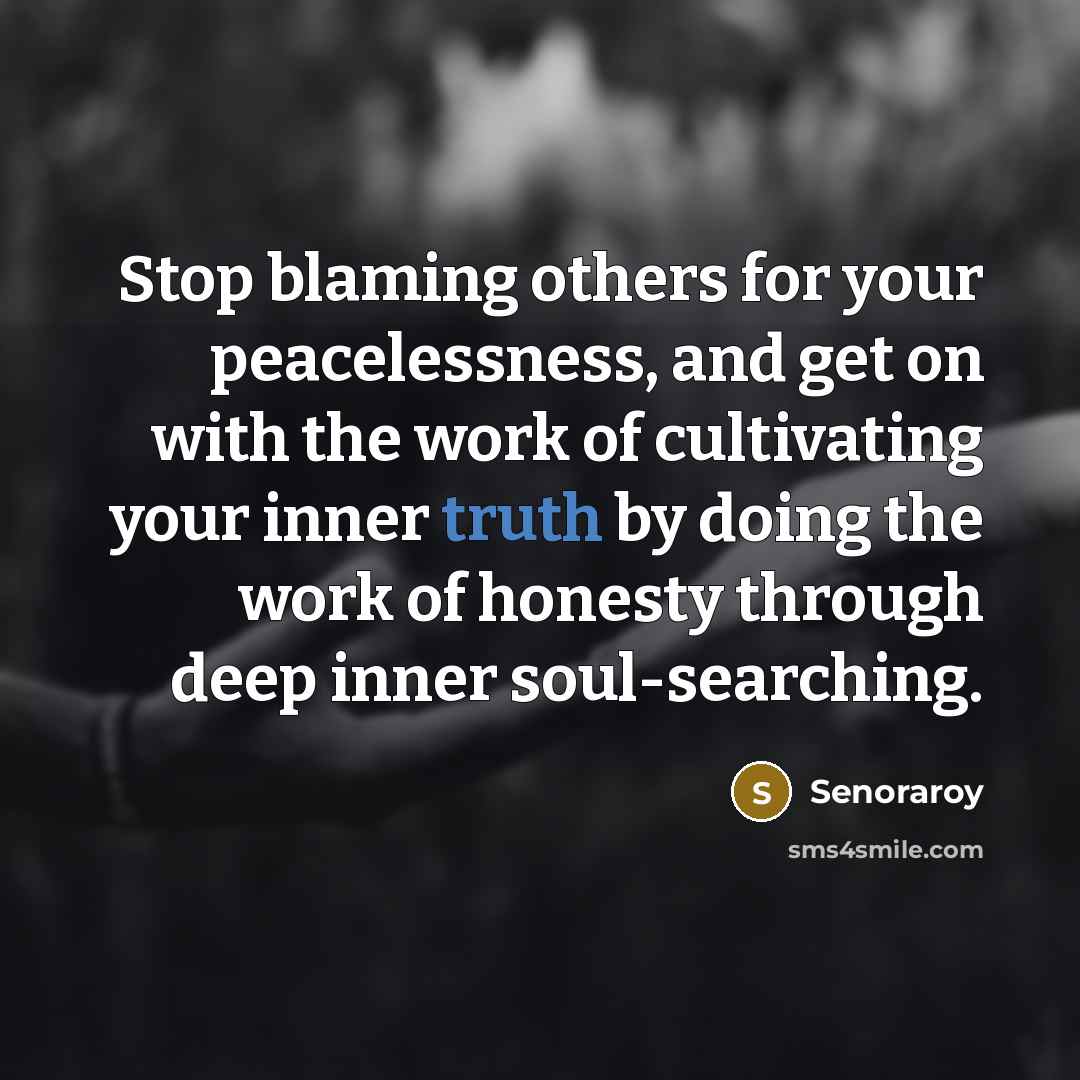 “Stop blaming others for your peacelessness, and get on with the work of cultivating your inner truth by doing the work of honesty through deep inner soul-searching.” quote by Senoraroy
