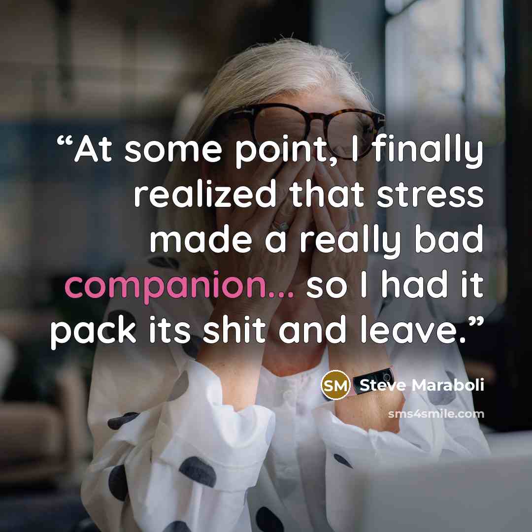 “At some point, I finally realized that stress made a really bad companion... so I had it pack its shit and leave.” quote by Steve Maraboli