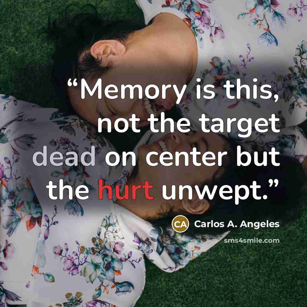 “Memory is this, not the target dead on center but the hurt unwept.” quote by Carlos A. Angeles