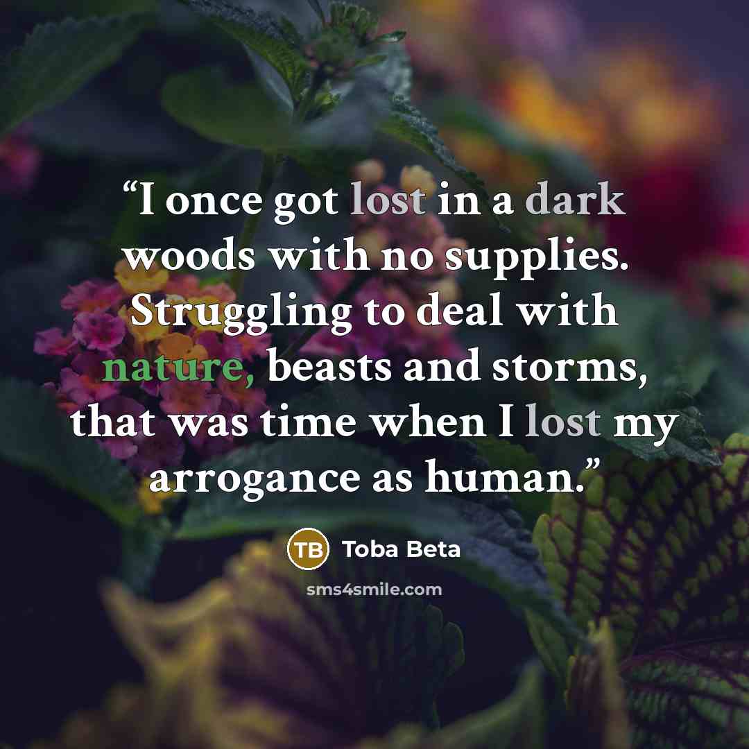 “I once got lost in a dark woods with no supplies. Struggling to deal with nature, beasts and storms, that was time when I lost my arrogance as human.” quote by Toba Beta