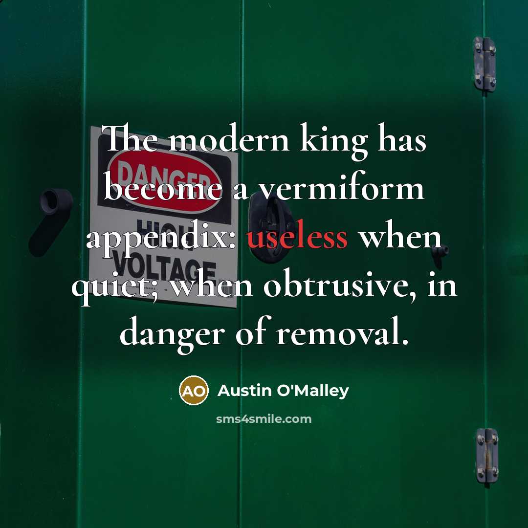 “The modern king has become a vermiform appendix: useless when quiet; when obtrusive, in danger of removal.” quote by Austin O'Malley