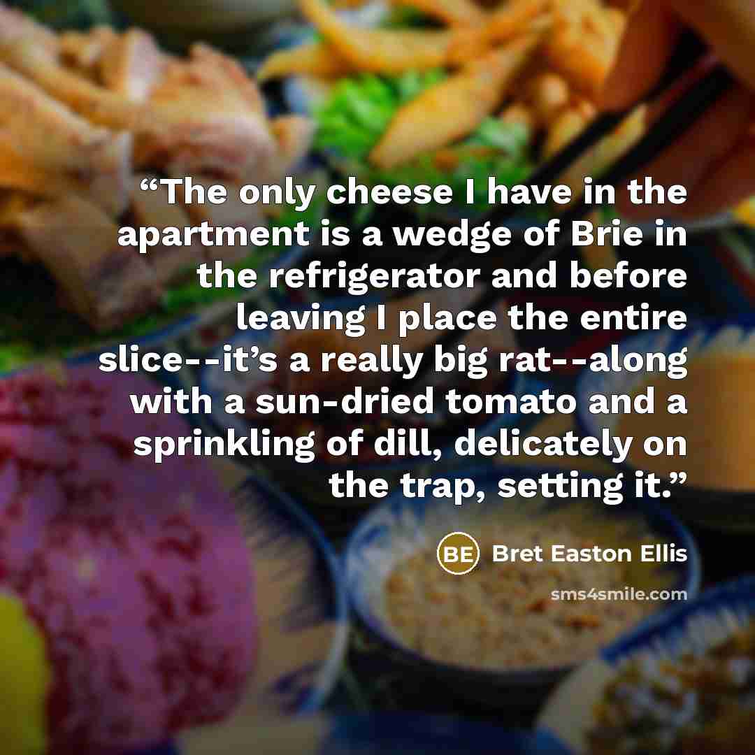 “The only cheese I have in the apartment is a wedge of Brie in the refrigerator and before leaving I place the entire slice--it’s a really big rat--along with a sun-dried tomato and a sprinkling of dill, delicately on the trap, setting it.” quote by Bret Easton Ellis