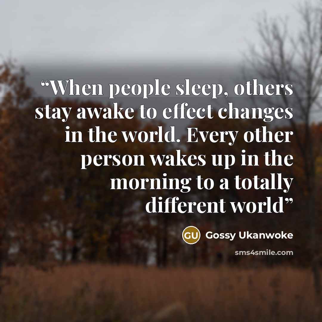 “When people sleep, others stay awake to effect changes in the world. Every other person wakes up in the morning to a totally different world” quote by Gossy Ukanwoke
