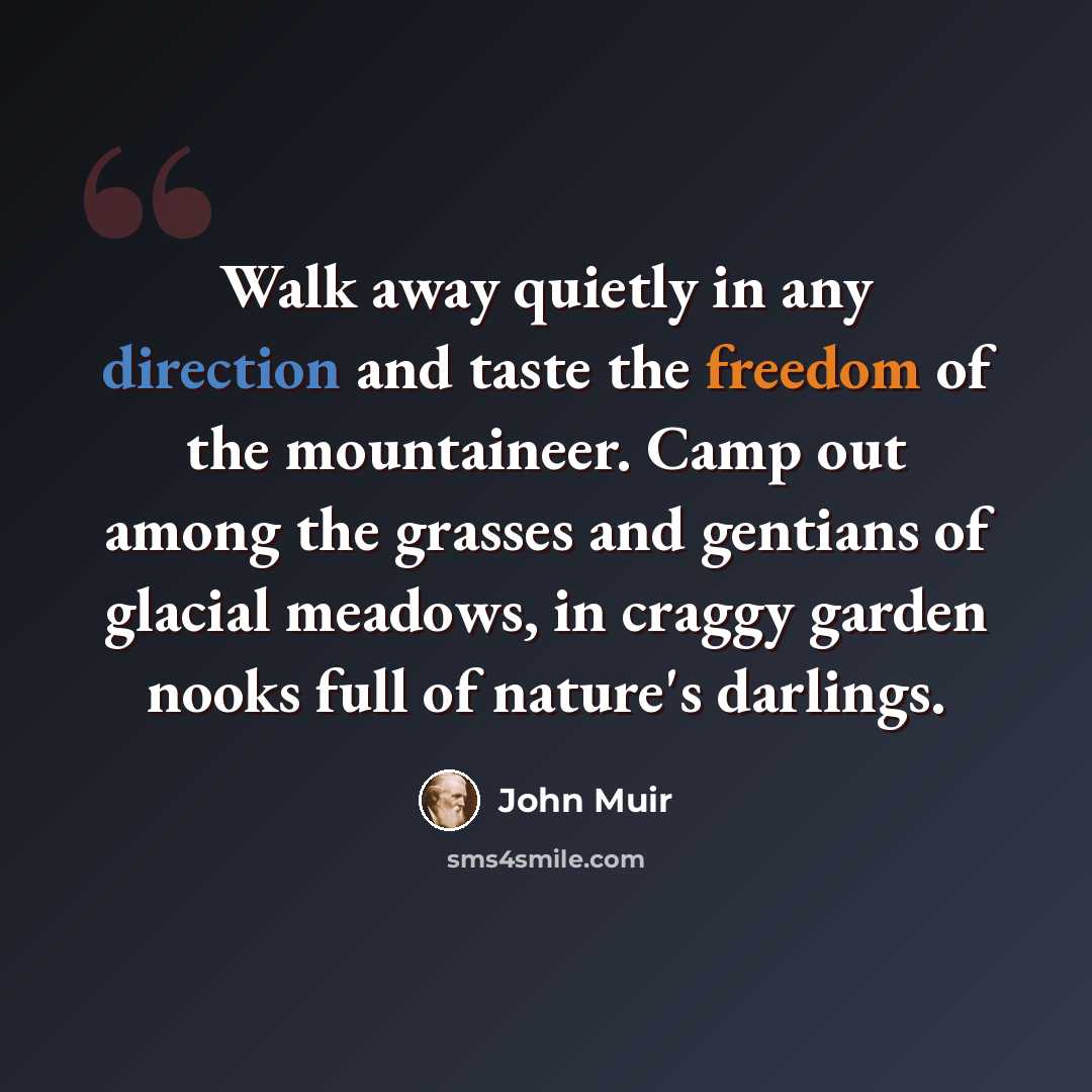 “Walk away quietly in any direction and taste the freedom of the mountaineer. Camp out among the grasses and gentians of glacial meadows, in craggy garden nooks full of nature's darlings.” quote by John Muir