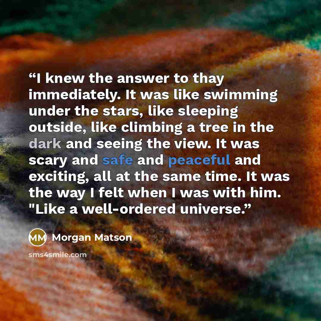 “I knew the answer to thay immediately. It was like swimming under the stars, like sleeping outside, like climbing a tree in the dark and seeing the view. It was scary and safe and peaceful and exciting, all at the same time. It was the way I felt when I was with him. "Like a well-ordered universe.” quote by Morgan Matson