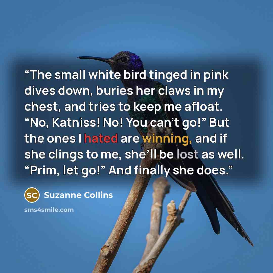 “The small white bird tinged in pink dives down, buries her claws in my chest, and tries to keep me afloat. “No, Katniss! No! You can’t go!” But the ones I hated are winning, and if she clings to me, she’ll be lost as well. “Prim, let go!” And finally she does.” quote by Suzanne Collins