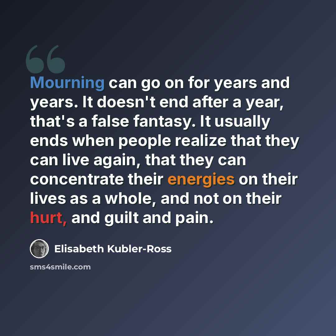 “Mourning can go on for years and years. It doesn't end after a year, that's a false fantasy. It usually ends when people realize that they can live again, that they can concentrate their energies on their lives as a whole, and not on their hurt, and guilt and pain.” quote by Elisabeth Kubler-Ross