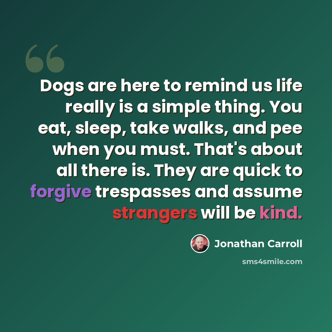 “Dogs are here to remind us life really is a simple thing. You eat, sleep, take walks, and pee when you must. That's about all there is. They are quick to forgive trespasses and assume strangers will be kind.” quote by Jonathan Carroll