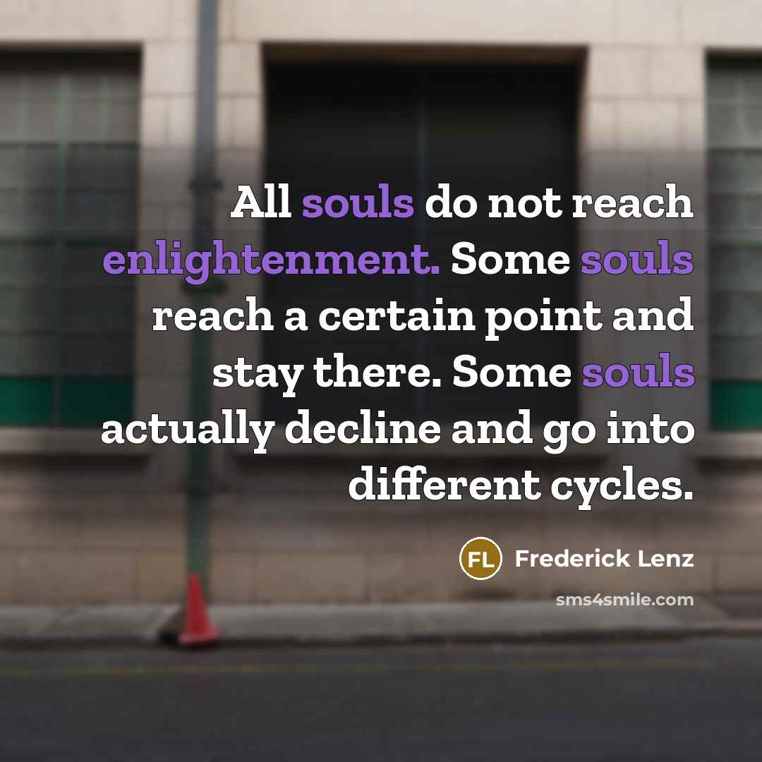 “All souls do not reach enlightenment. Some souls reach a certain point and stay there. Some souls actually decline and go into different cycles.” quote by Frederick Lenz