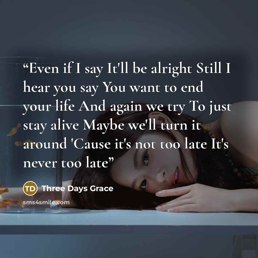 “Even if I say It'll be alright Still I hear you say You want to end your life And again we try To just stay alive Maybe we'll turn it around 'Cause it's not too late It's never too late” quote by Three Days Grace