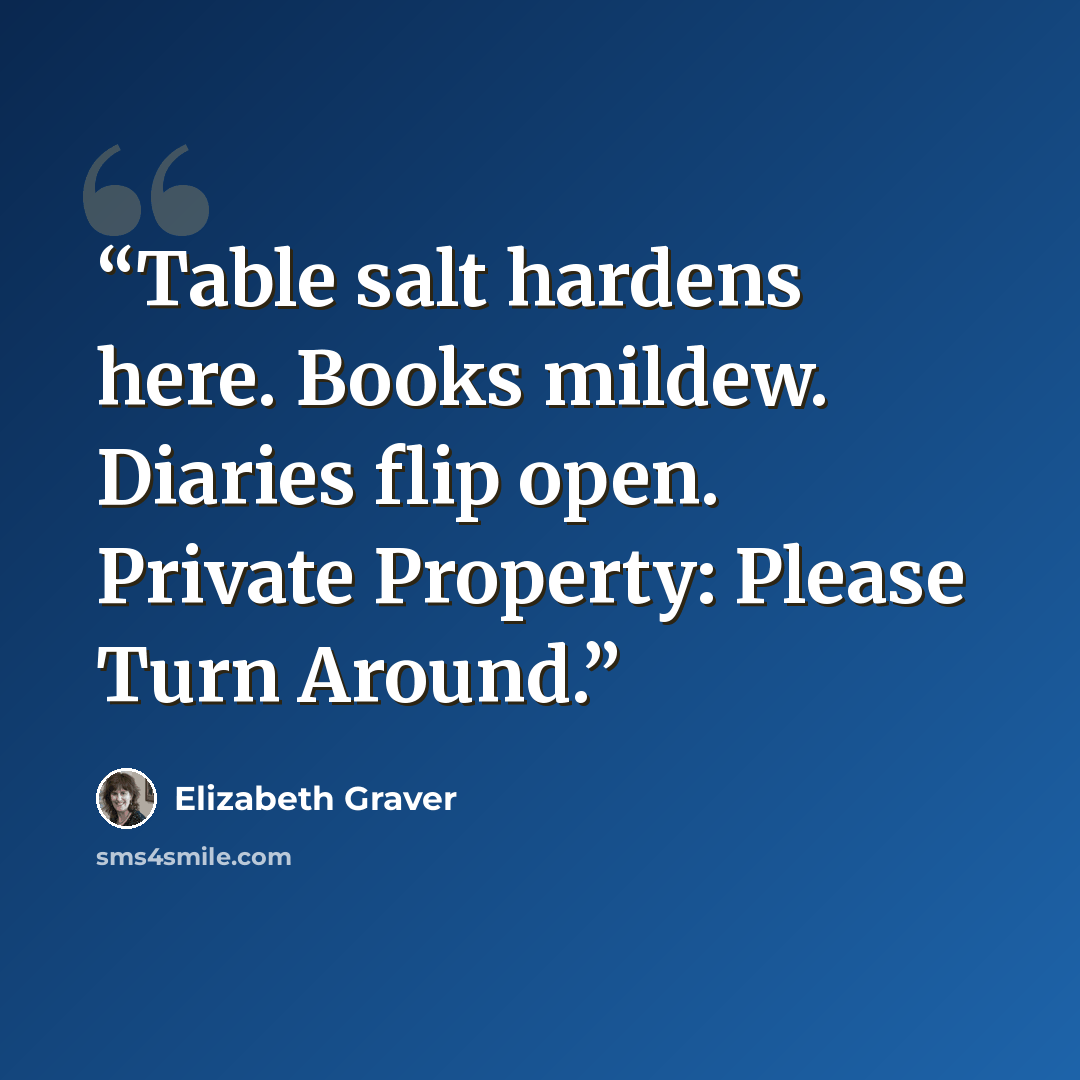 “Table salt hardens here. Books mildew. Diaries flip open. Private Property: Please Turn Around.” quote by Elizabeth Graver