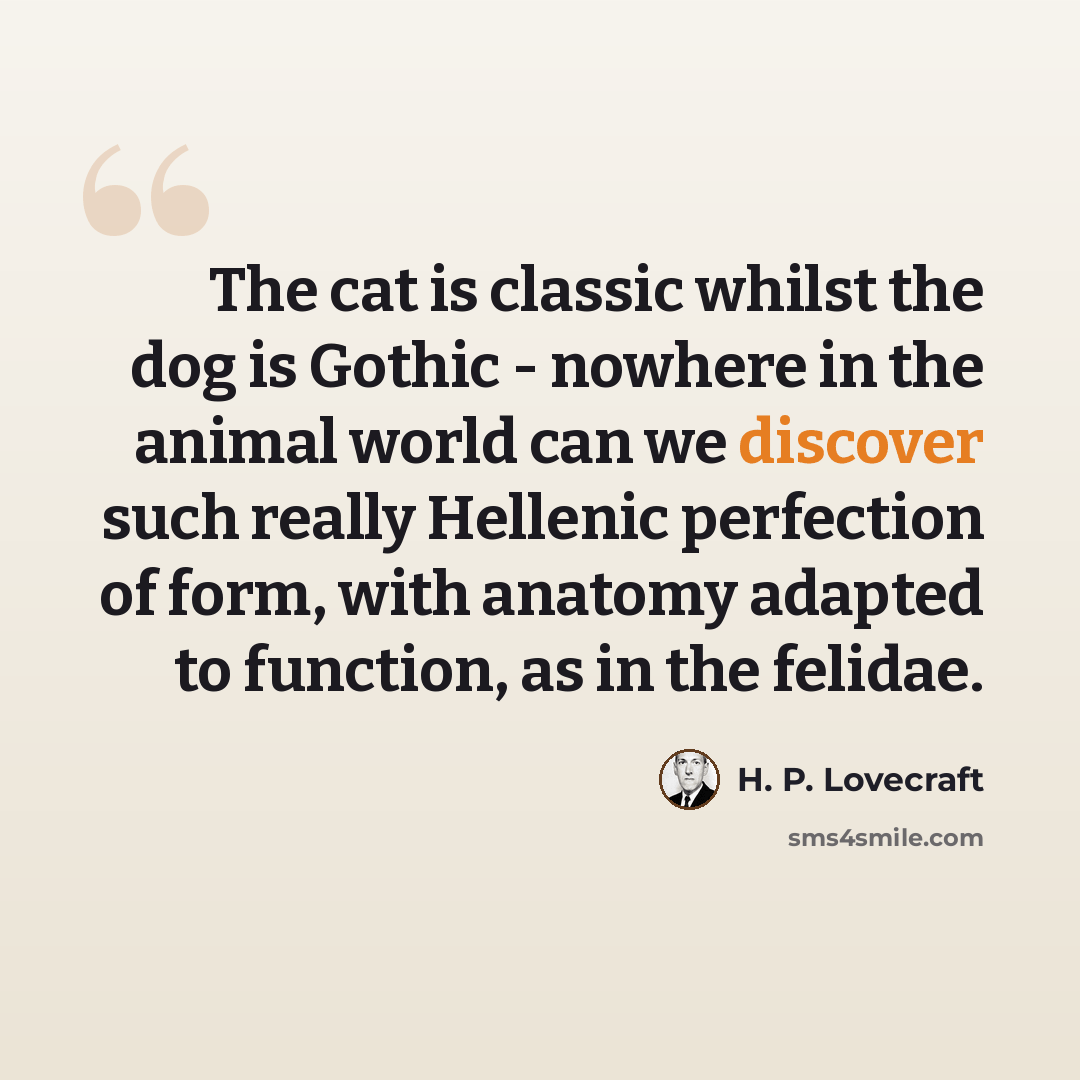 “The cat is classic whilst the dog is Gothic - nowhere in the animal world can we discover such really Hellenic perfection of form, with anatomy adapted to function, as in the felidae.” quote by H. P. Lovecraft