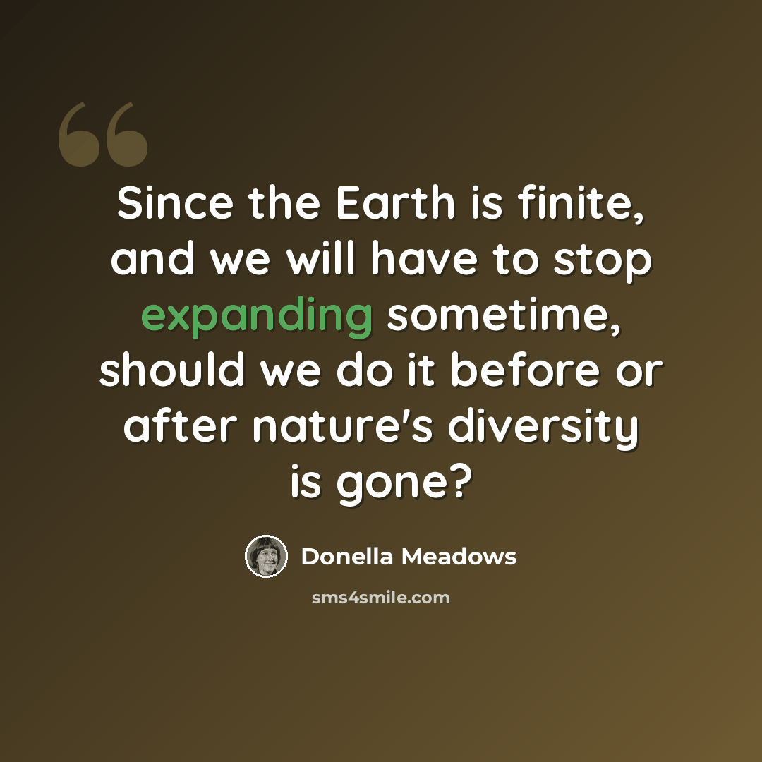 “Since the Earth is finite, and we will have to stop expanding sometime, should we do it before or after nature's diversity is gone?” quote by Donella Meadows