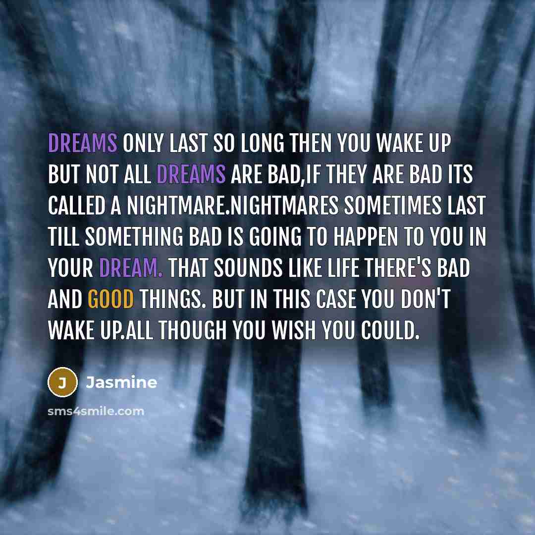 “Dreams only last so long then you wake up But not all dreams are bad,If they are bad its called a Nightmare.Nightmares sometimes last till something bad is going to happen to you in your dream. That sounds like life there's bad and good things. But in this case you don't wake up.All though you…” quote by Jasmine