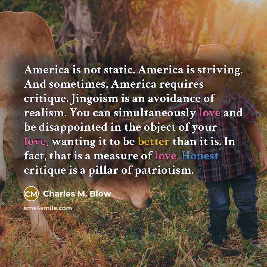 “America is not static. America is striving. And sometimes, America requires critique. Jingoism is an avoidance of realism. You can simultaneously love and be disappointed in the object of your love, wanting it to be better than it is. In fact, that is a measure of love. Honest critique is a pillar…” quote by Charles M. Blow