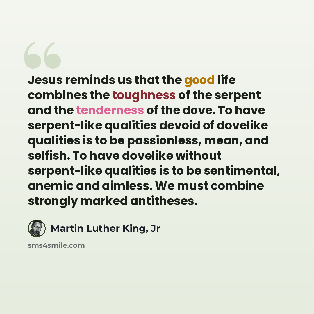 “Jesus reminds us that the good life combines the toughness of the serpent and the tenderness of the dove. To have serpent-like qualities devoid of dovelike qualities is to be passionless, mean, and selfish. To have dovelike without serpent-like qualities is to be sentimental, anemic and aimless…” quote by Martin Luther King, Jr