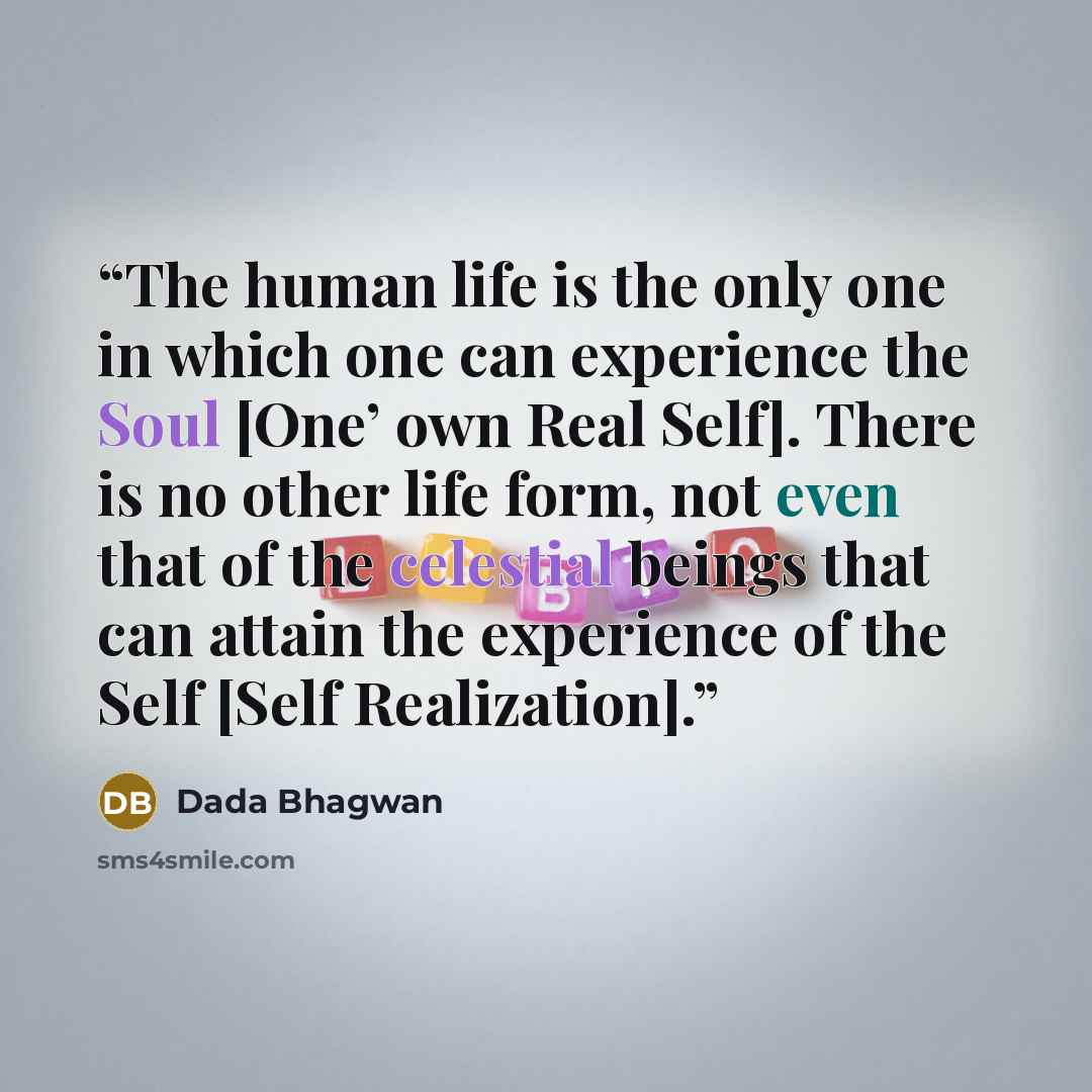 “The human life is the only one in which one can experience the Soul [One’ own Real Self]. There is no other life form, not even that of the celestial beings that can attain the experience of the Self [Self Realization].” quote by Dada Bhagwan