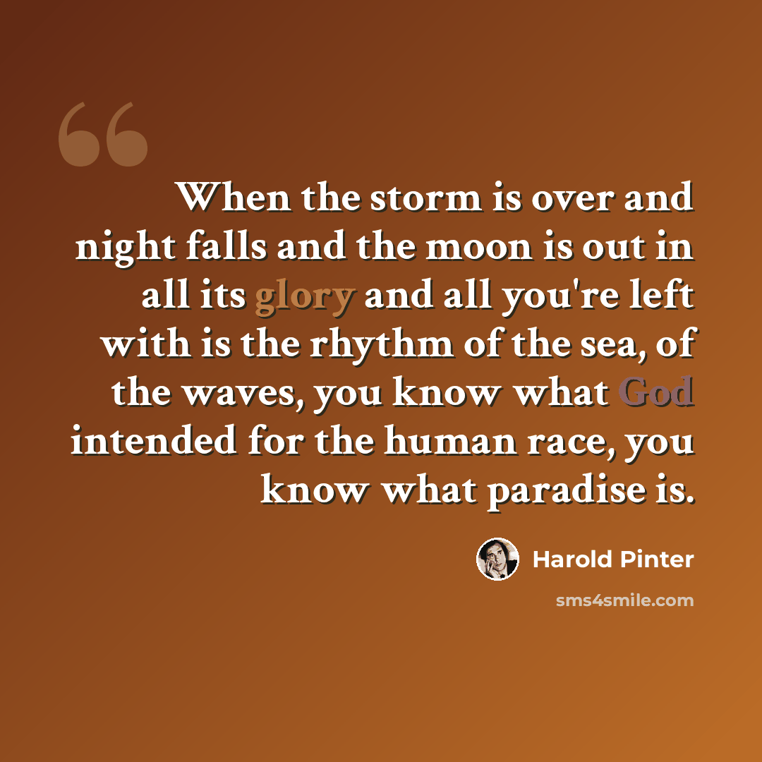 “When the storm is over and night falls and the moon is out in all its glory and all you're left with is the rhythm of the sea, of the waves, you know what God intended for the human race, you know what paradise is.” quote by Harold Pinter