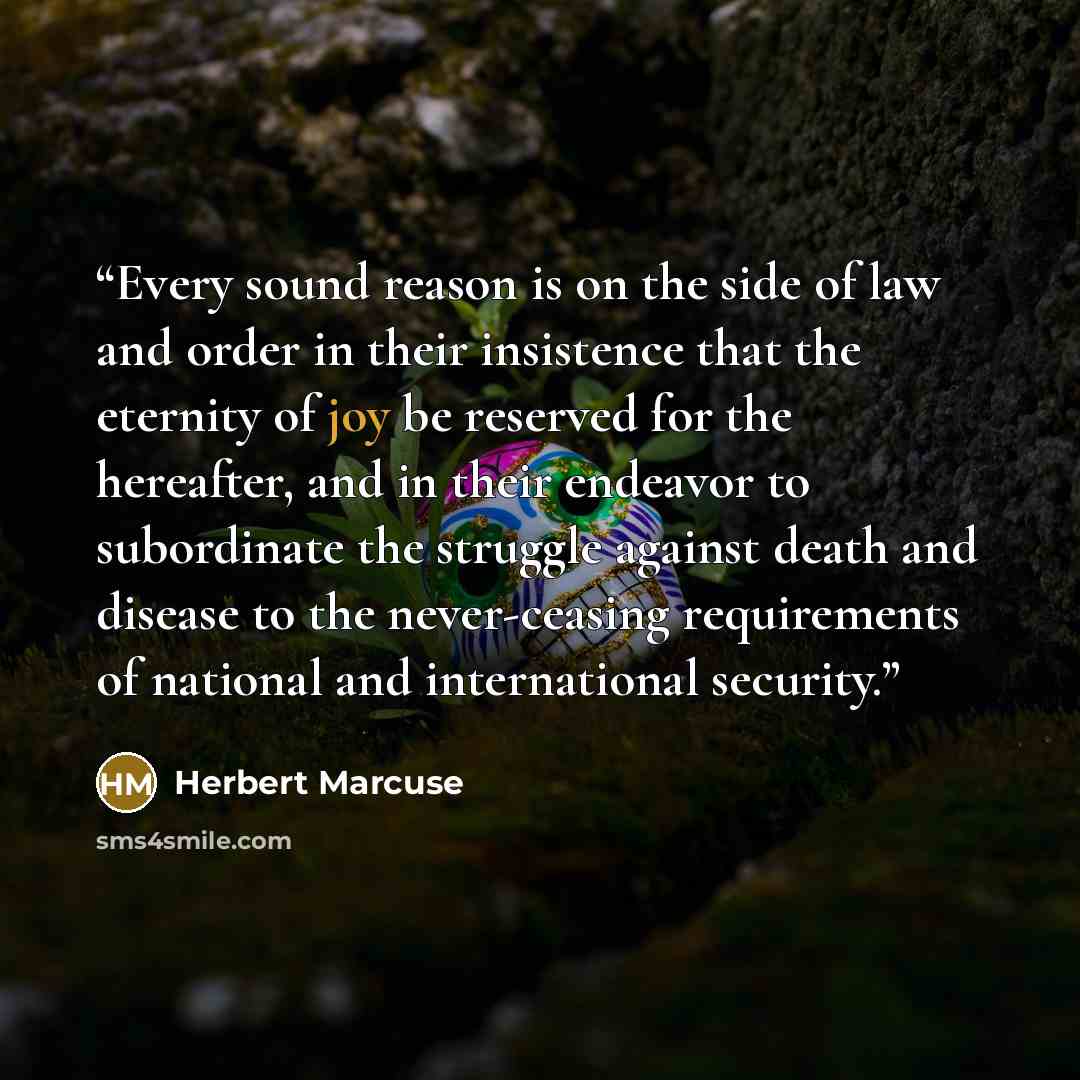 “Every sound reason is on the side of law and order in their insistence that the eternity of joy be reserved for the hereafter, and in their endeavor to subordinate the struggle against death and disease to the never-ceasing requirements of national and international security.” quote by Herbert Marcuse