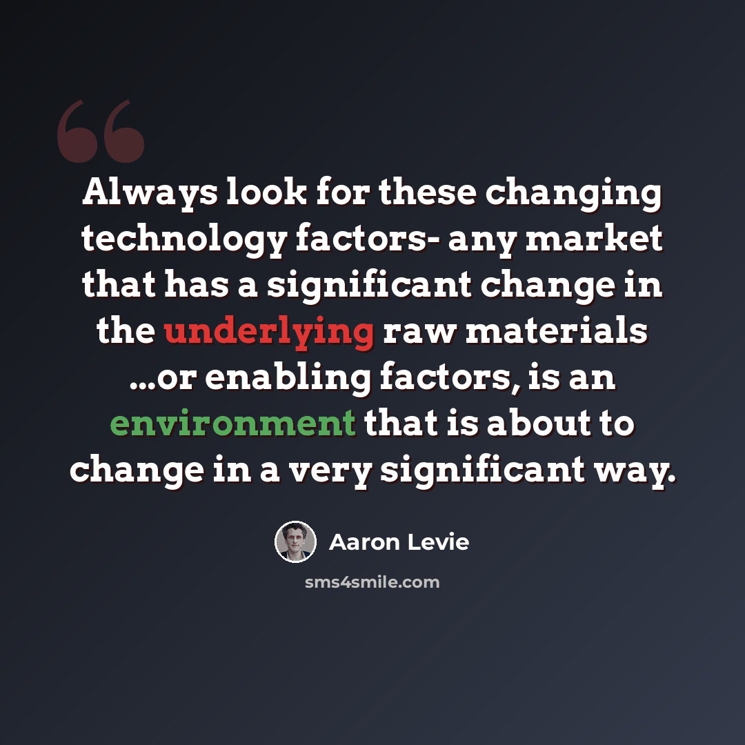 “Always look for these changing technology factors- any market that has a significant change in the underlying raw materials ...or enabling factors, is an environment that is about to change in a very significant way.” quote by Aaron Levie