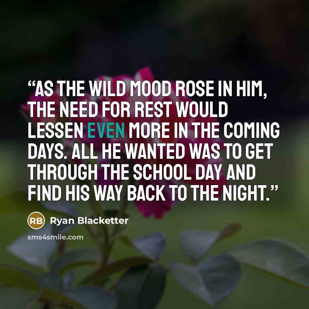 “As the wild mood rose in him, the need for rest would lessen even more in the coming days. All he wanted was to get through the school day and find his way back to the night.” quote by Ryan Blacketter