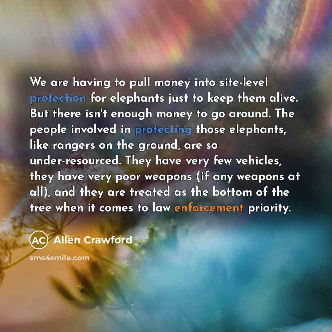 “We are having to pull money into site-level protection for elephants just to keep them alive. But there isn't enough money to go around. The people involved in protecting those elephants, like rangers on the ground, are so under-resourced. They have very few vehicles, they have very poor weapons…” quote by Allen Crawford