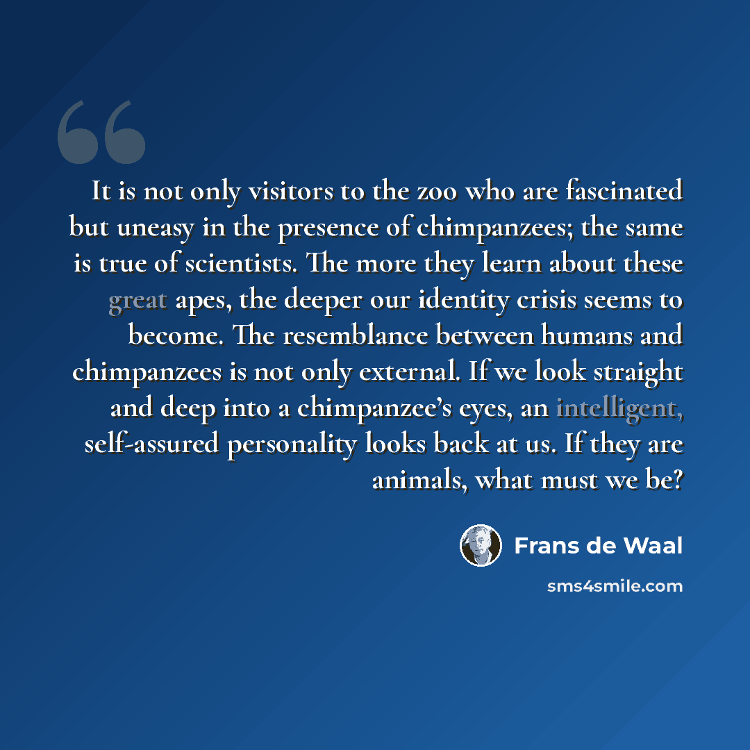 “It is not only visitors to the zoo who are fascinated but uneasy in the presence of chimpanzees; the same is true of scientists. The more they learn about these great apes, the deeper our identity crisis seems to become. The resemblance between humans and chimpanzees is not only external. If we…” quote by Frans de Waal
