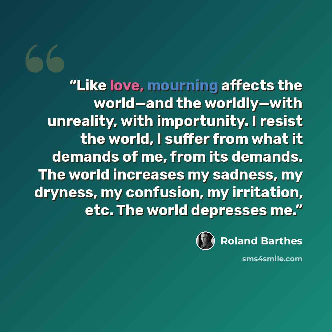 “Like love, mourning affects the world—and the worldly—with unreality, with importunity. I resist the world, I suffer from what it demands of me, from its demands. The world increases my sadness, my dryness, my confusion, my irritation, etc. The world depresses me.” quote by Roland Barthes