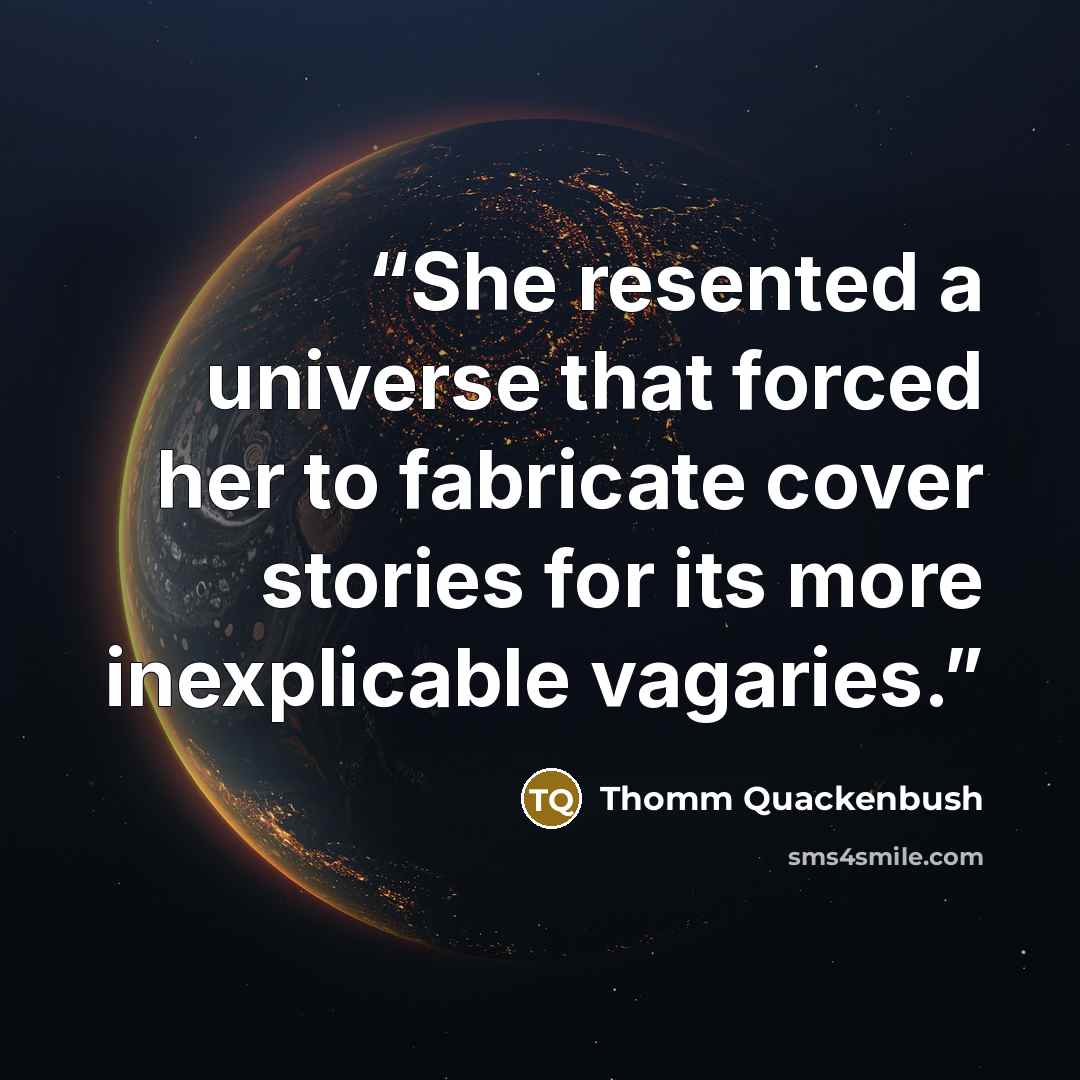 “She resented a universe that forced her to fabricate cover stories for its more inexplicable vagaries.” quote by Thomm Quackenbush