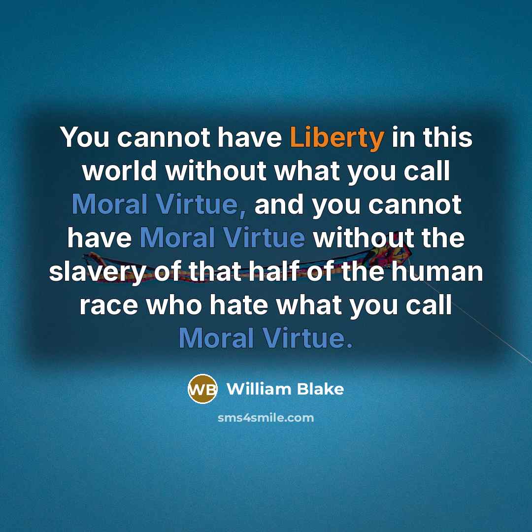 “You cannot have Liberty in this world without what you call Moral Virtue, and you cannot have Moral Virtue without the slavery of that half of the human race who hate what you call Moral Virtue.” quote by William Blake