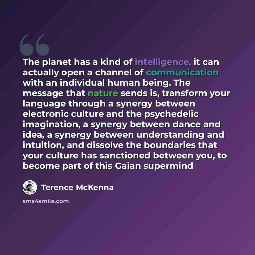 “The planet has a kind of intelligence, it can actually open a channel of communication with an individual human being. The message that nature sends is, transform your language through a synergy between electronic culture and the psychedelic imagination, a synergy between dance and idea, a synergy…” quote by Terence McKenna