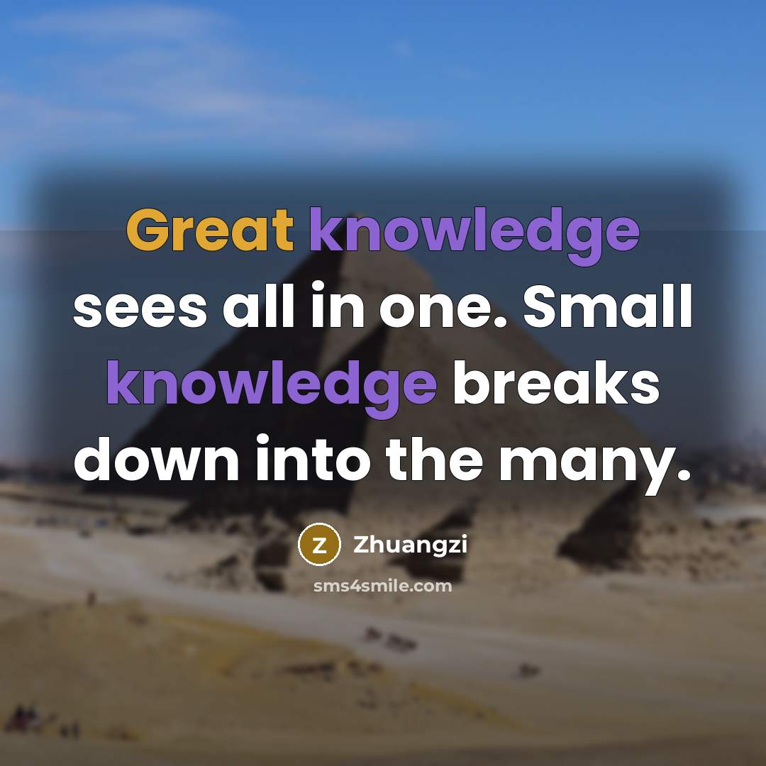 “Great knowledge sees all in one. Small knowledge breaks down into the many.” quote by Zhuangzi