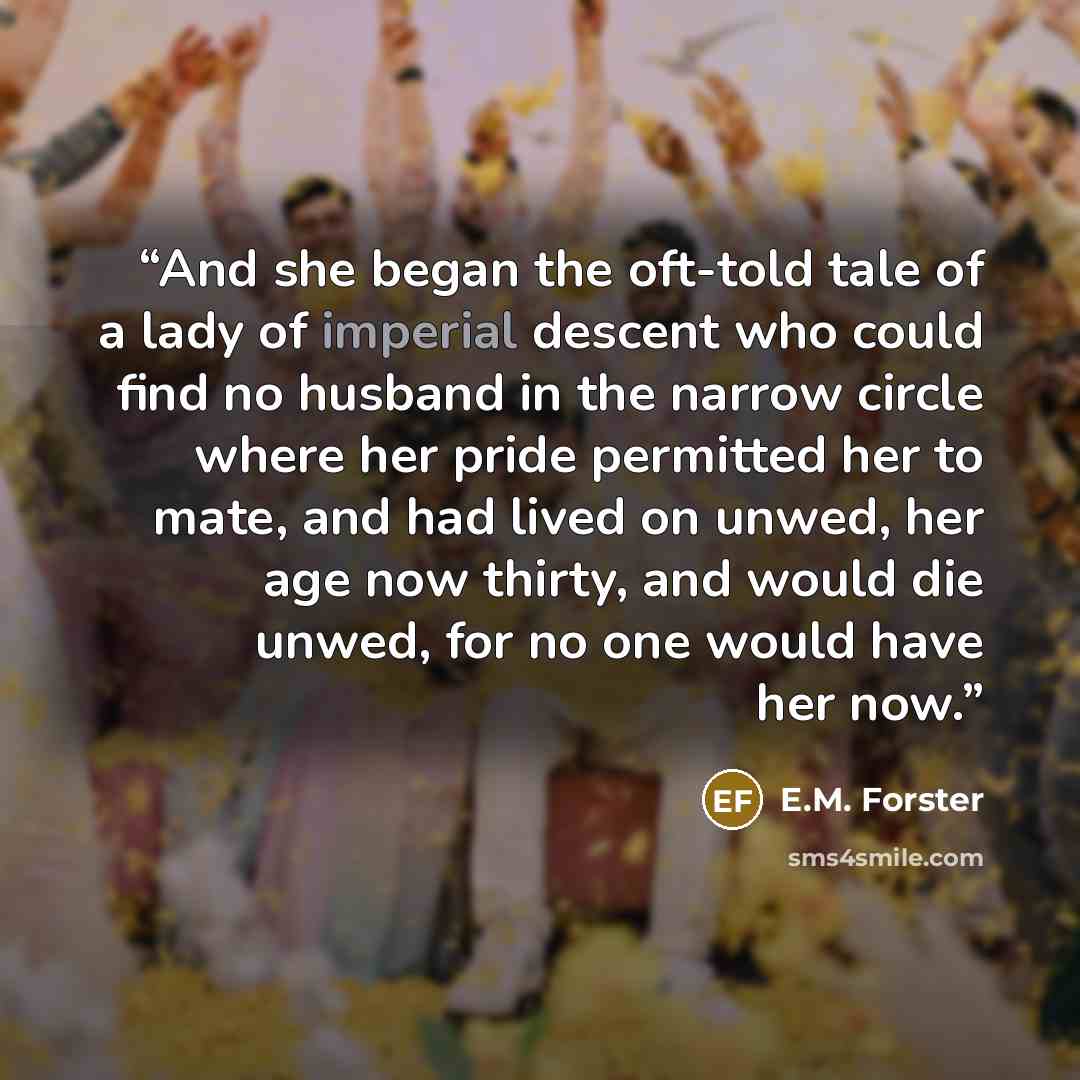 “And she began the oft-told tale of a lady of imperial descent who could find no husband in the narrow circle where her pride permitted her to mate, and had lived on unwed, her age now thirty, and would die unwed, for no one would have her now.” quote by E.M. Forster