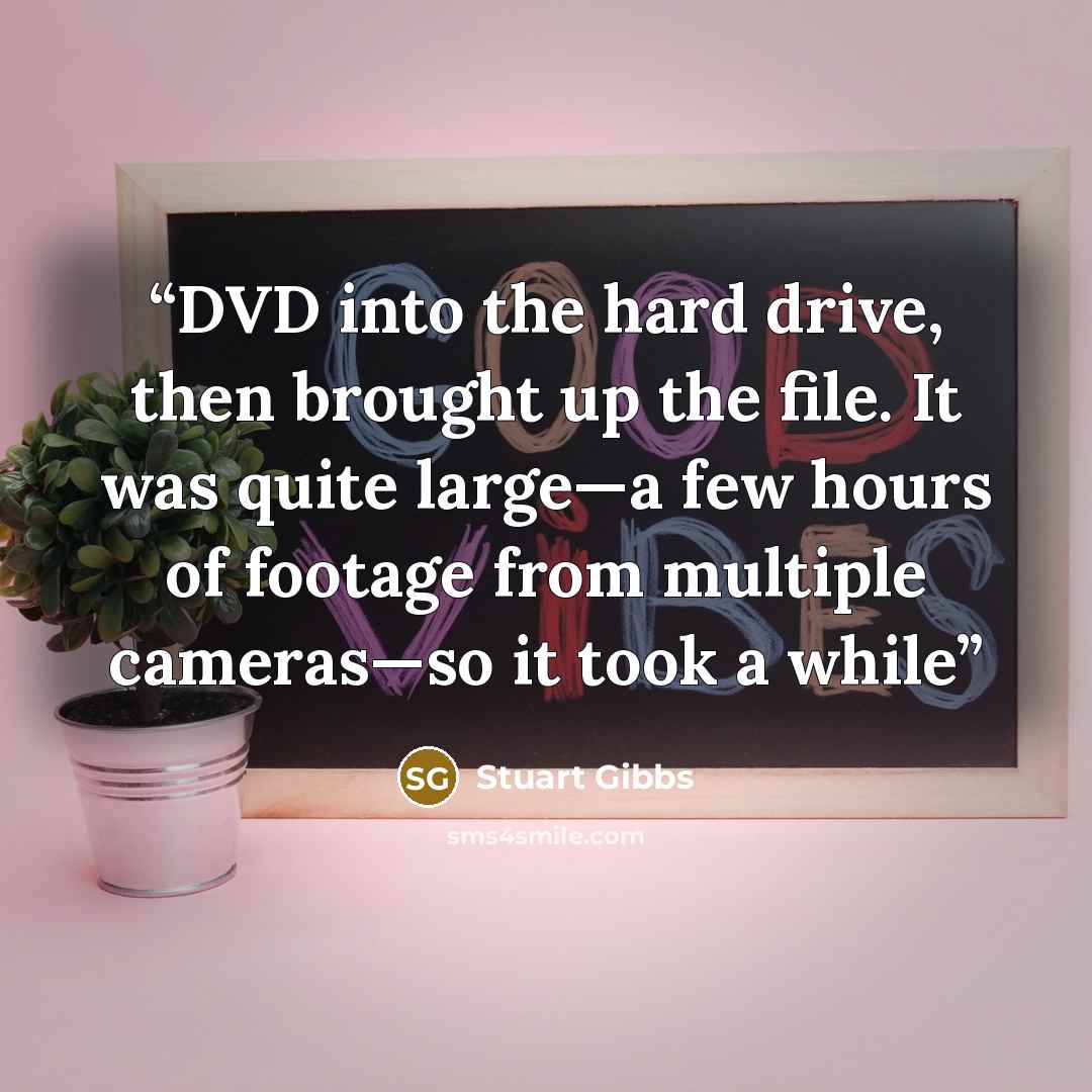 “DVD into the hard drive, then brought up the file. It was quite large—a few hours of footage from multiple cameras—so it took a while” quote by Stuart Gibbs