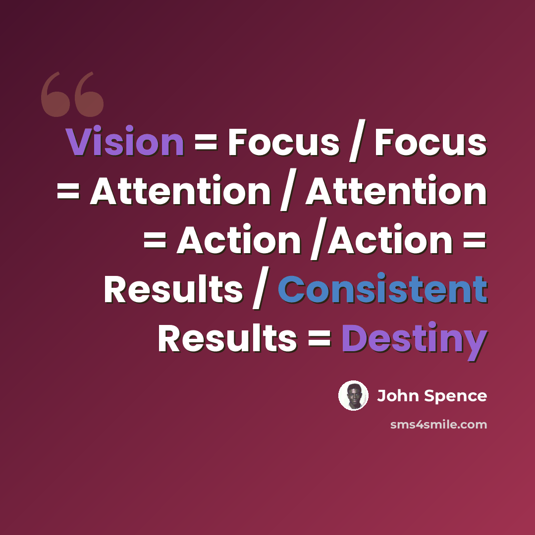 “Vision = Focus / Focus = Attention / Attention = Action /Action = Results / Consistent Results = Destiny” quote by John Spence
