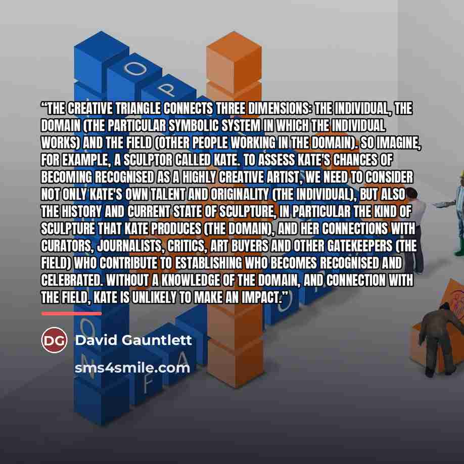 “The creative triangle connects three dimensions: the individual, the domain (the particular symbolic system in which the individual works) and the field (other people working in the domain). So imagine, for example, a sculptor called Kate. To assess Kate's chances of becoming recognised as a…” quote by David Gauntlett