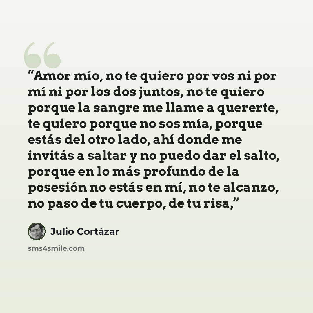 “Amor mío, no te quiero por vos ni por mí ni por los dos juntos, no te quiero porque la sangre me llame a quererte, te quiero porque no sos mía, porque estás del otro lado, ahí donde me invitás a saltar y no puedo dar el salto, porque en lo más profundo de la posesión no estás en mí, no te alcanzo…” quote by Julio Cortázar