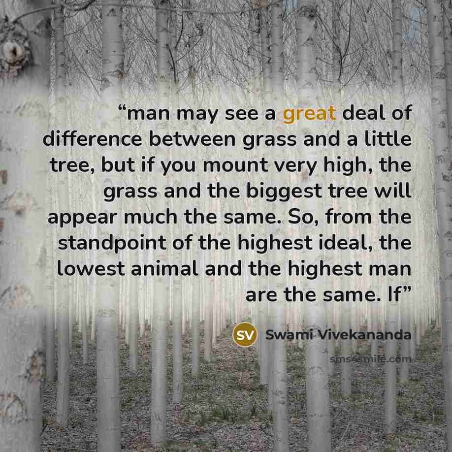 “man may see a great deal of difference between grass and a little tree, but if you mount very high, the grass and the biggest tree will appear much the same. So, from the standpoint of the highest ideal, the lowest animal and the highest man are the same. If” quote by Swami Vivekananda