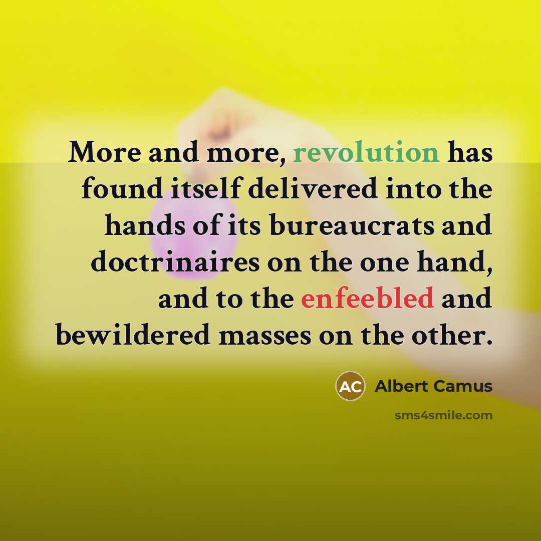“More and more, revolution has found itself delivered into the hands of its bureaucrats and doctrinaires on the one hand, and to the enfeebled and bewildered masses on the other.” quote by Albert Camus