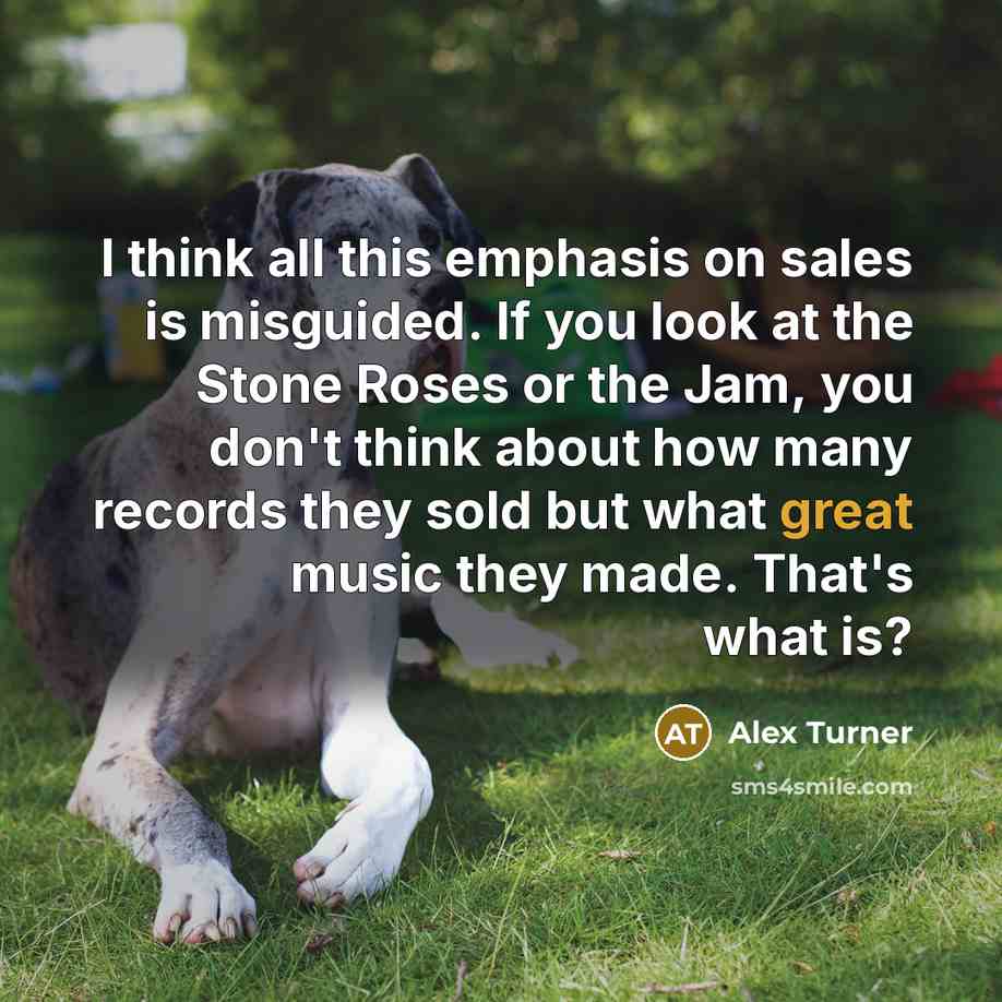 “I think all this emphasis on sales is misguided. If you look at the Stone Roses or the Jam, you don't think about how many records they sold but what great music they made. That's what is?” quote by Alex Turner