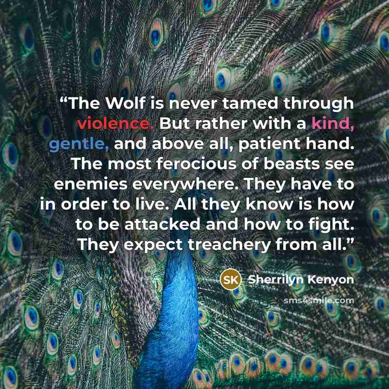 “The Wolf is never tamed through violence. But rather with a kind, gentle, and above all, patient hand. The most ferocious of beasts see enemies everywhere. They have to in order to live. All they know is how to be attacked and how to fight. They expect treachery from all.” quote by Sherrilyn Kenyon