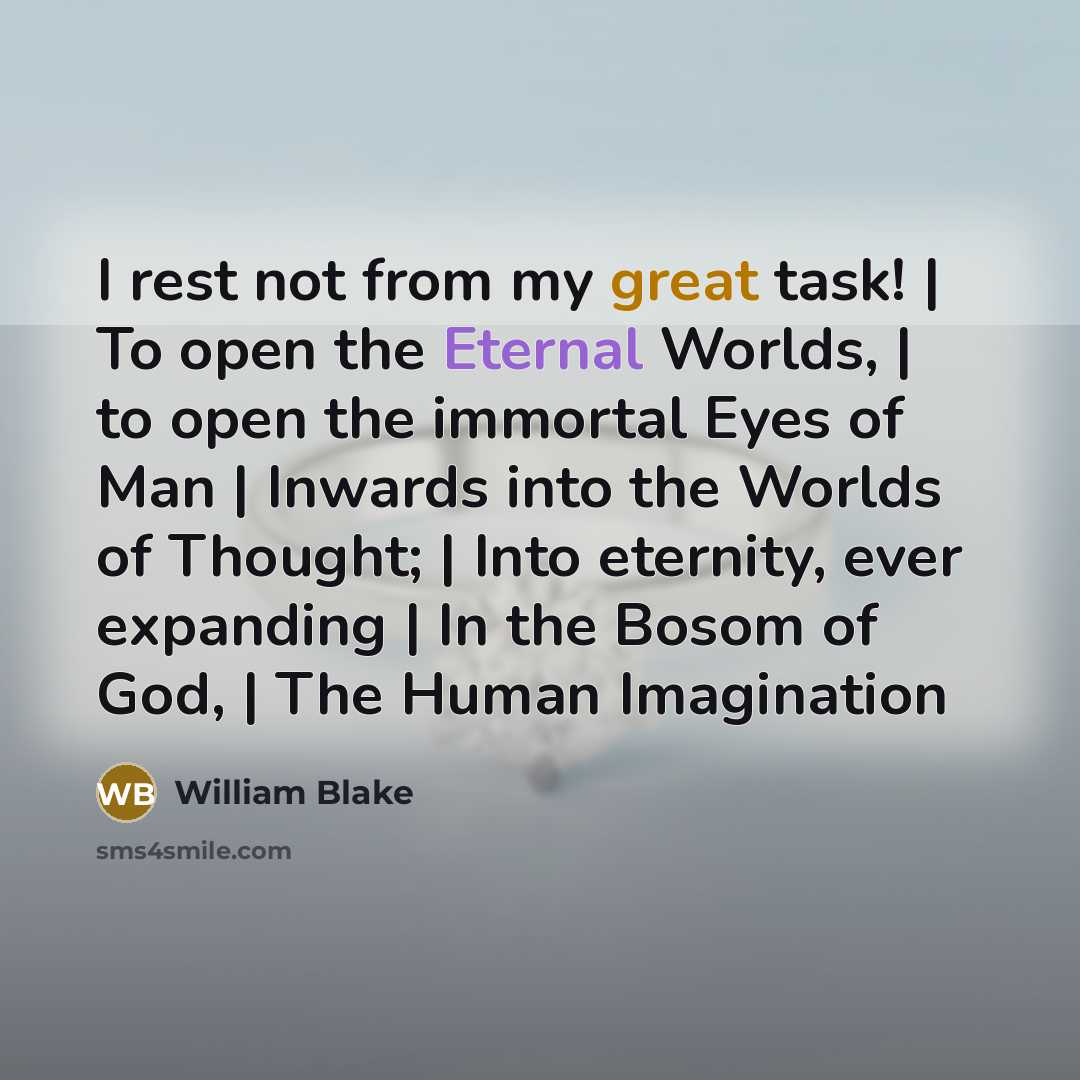 “I rest not from my great task! | To open the Eternal Worlds, | to open the immortal Eyes of Man | Inwards into the Worlds of Thought; | Into eternity, ever expanding | In the Bosom of God, | The Human Imagination” quote by William Blake