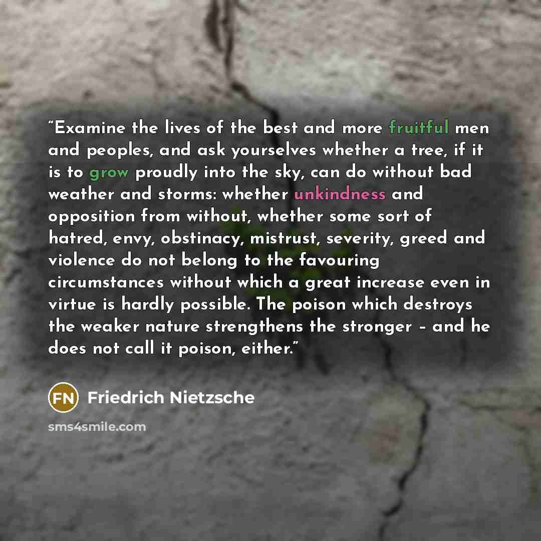 “Examine the lives of the best and more fruitful men and peoples, and ask yourselves whether a tree, if it is to grow proudly into the sky, can do without bad weather and storms: whether unkindness and opposition from without, whether some sort of hatred, envy, obstinacy, mistrust, severity, greed…” quote by Friedrich Nietzsche