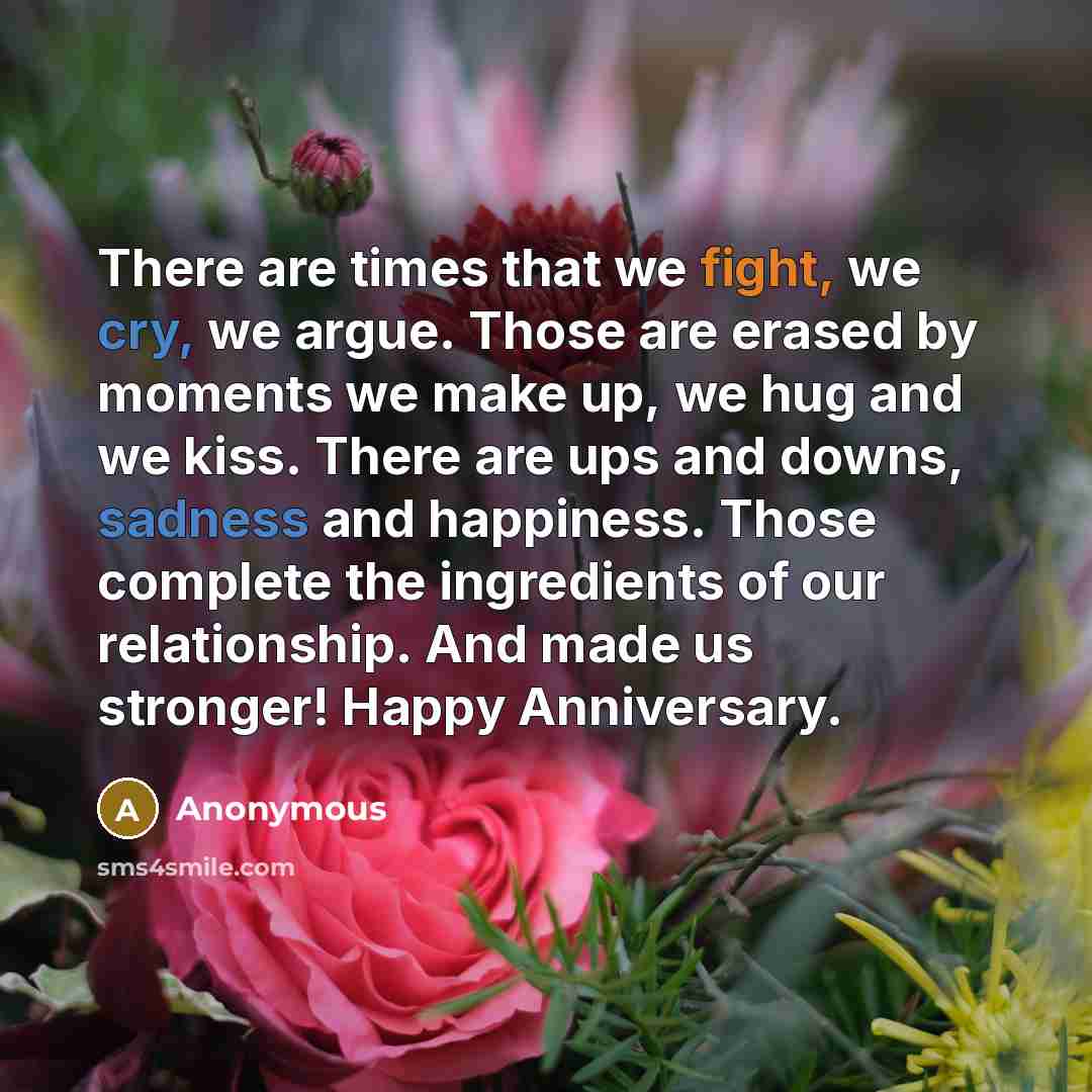 “There are times that we fight, we cry, we argue. Those are erased by moments we make up, we hug and we kiss. There are ups and downs, sadness and happiness. Those complete the ingredients of our relationship. And made us stronger! Happy Anniversary.” quote by Anonymous